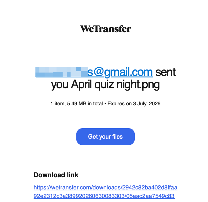 Genuine WeTransfer email