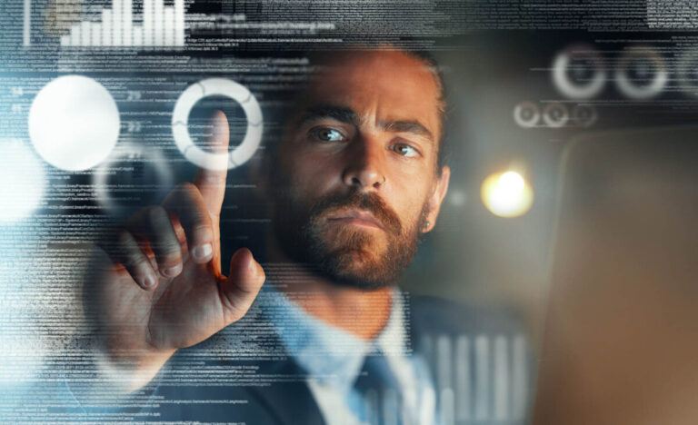AI helping IT manager touching futuristic screen
