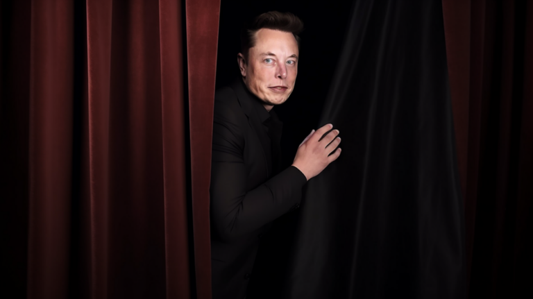 Elon Musk hiding behind curtain