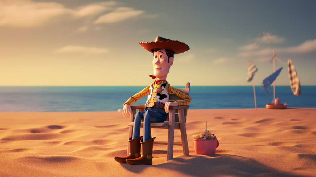 A Midjourney-generated image of Woody from Toy Story sitting on a beach