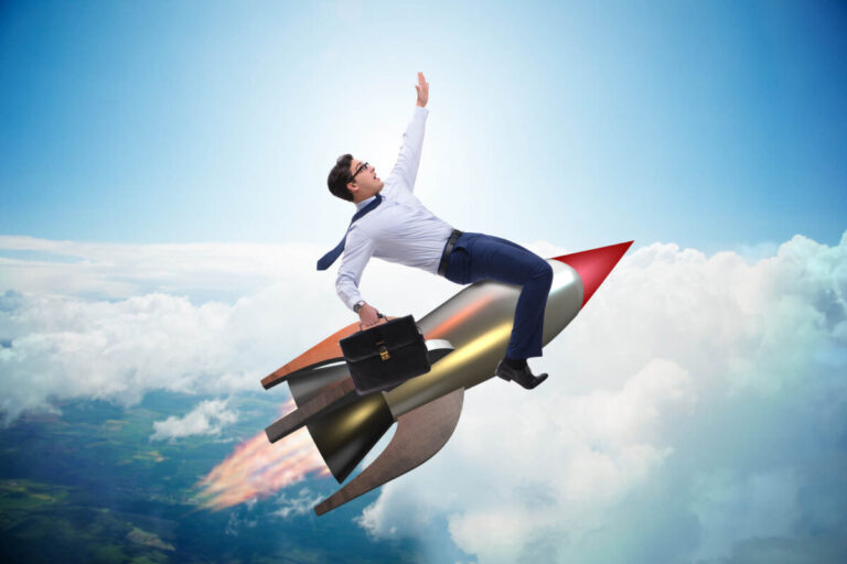 Businessman flying on rocket to show product-led growth