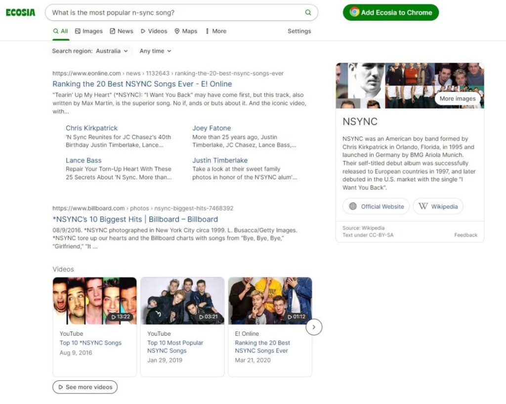 Ecosia Search Results Compared to Bing