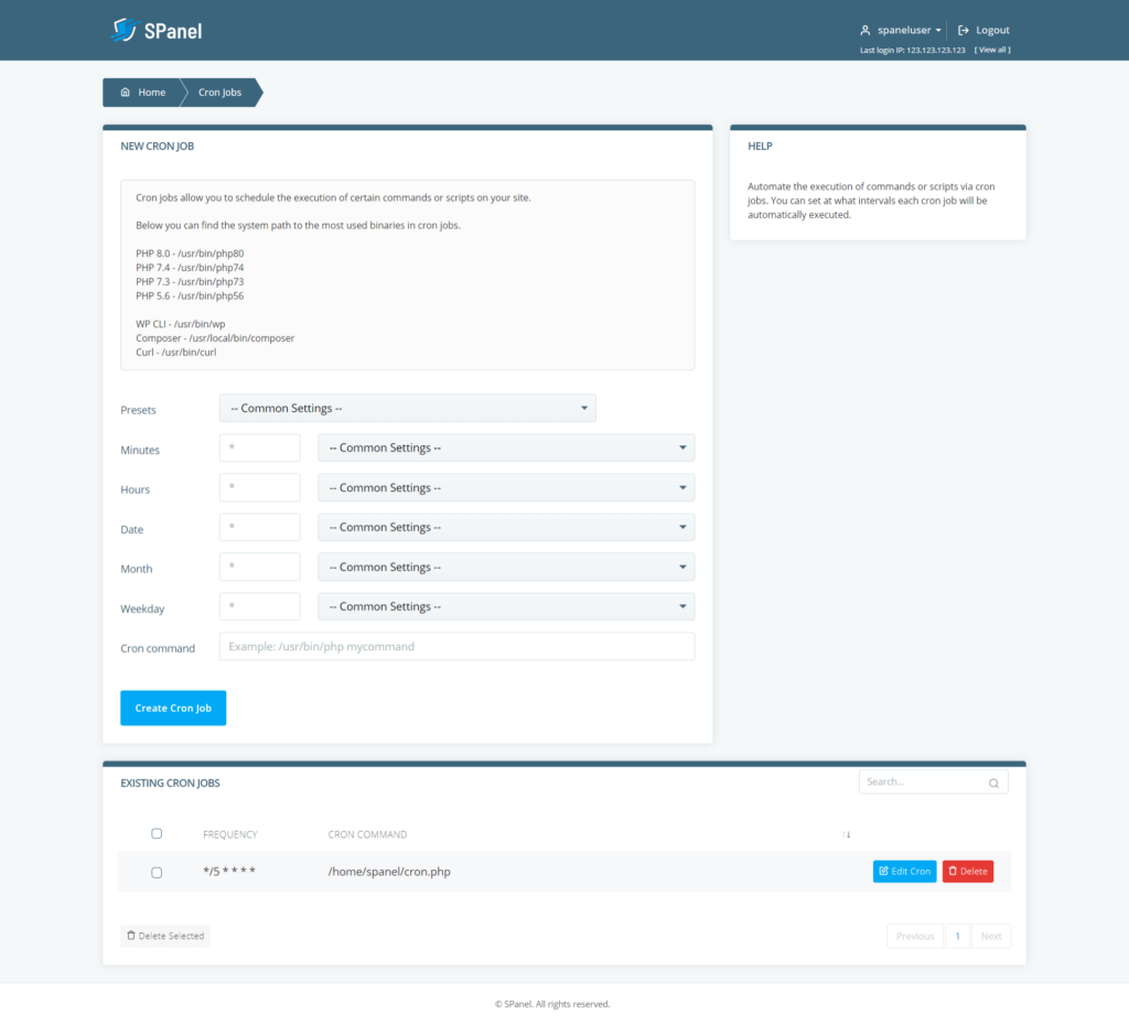 ScalaHosting SPanel Cron Jobs UI