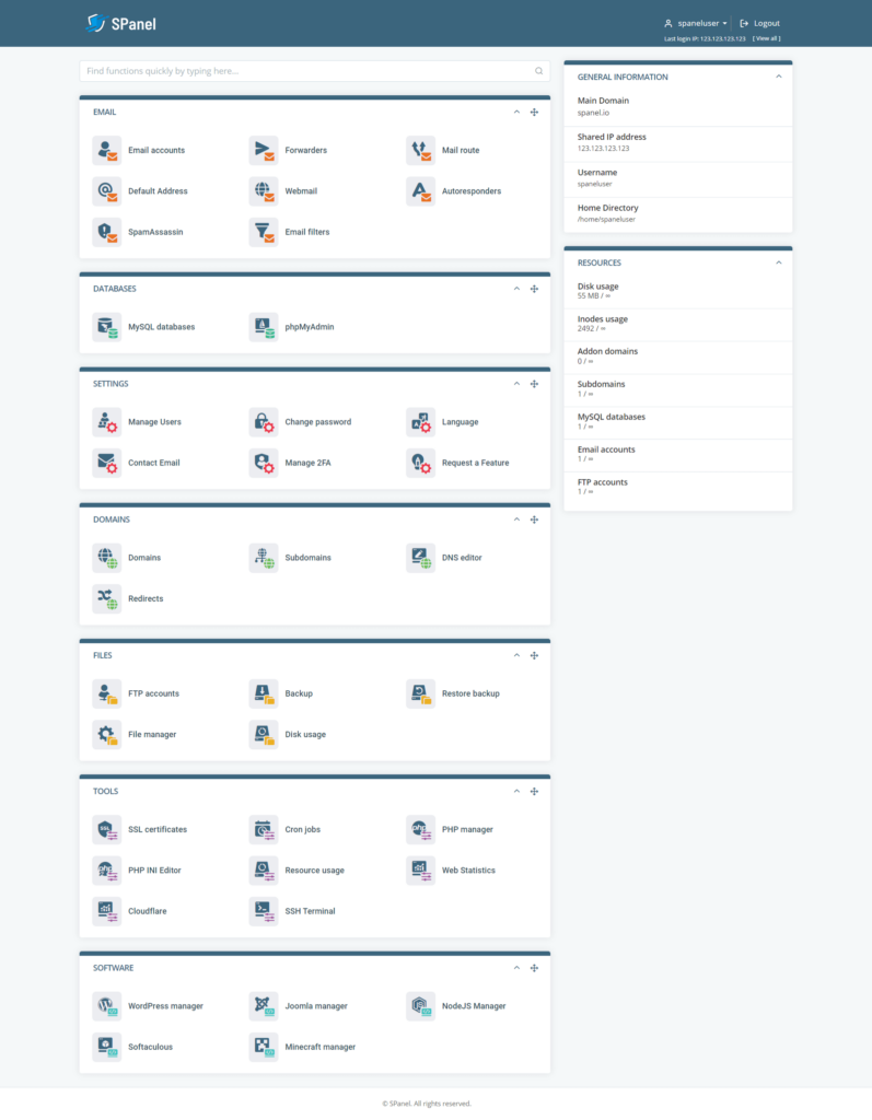 Screenshot of ScalaHosting SPanel Home User Interface