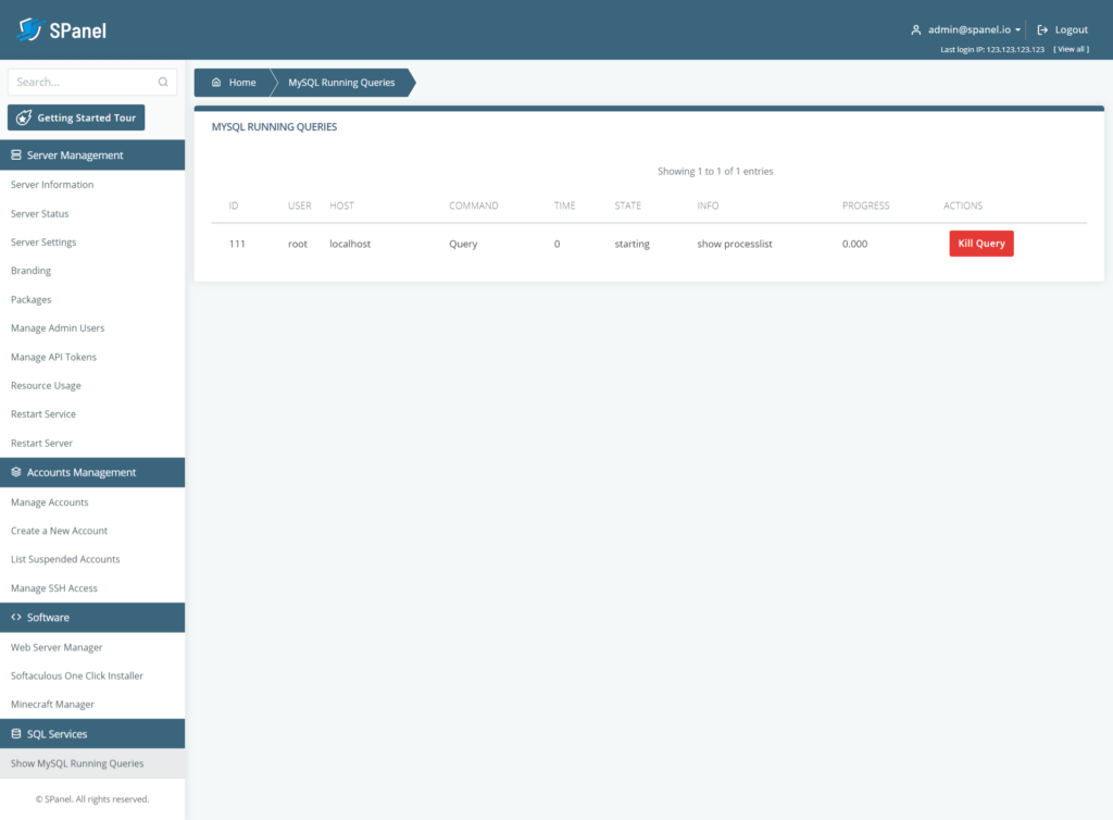 ScalaHosting SPanel preview of mysql queries running