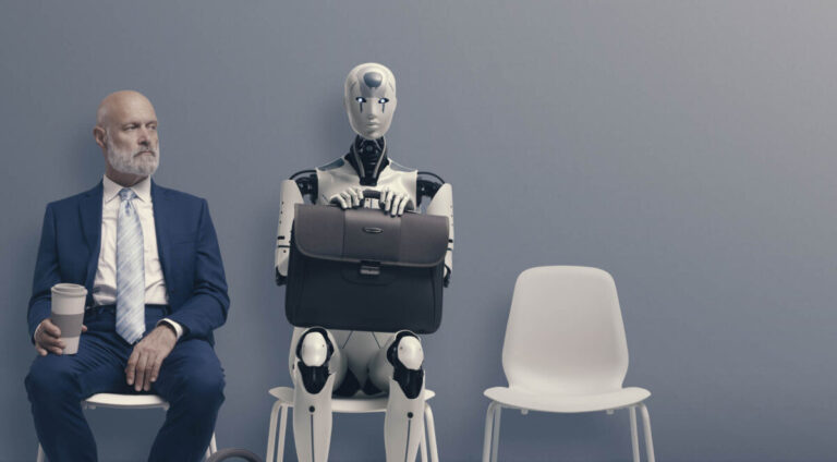 GPT-4 for business - man and robot waiting for job interview