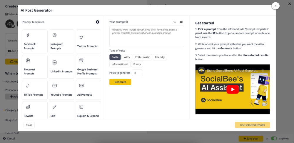 AI Post Generator in SocialBee