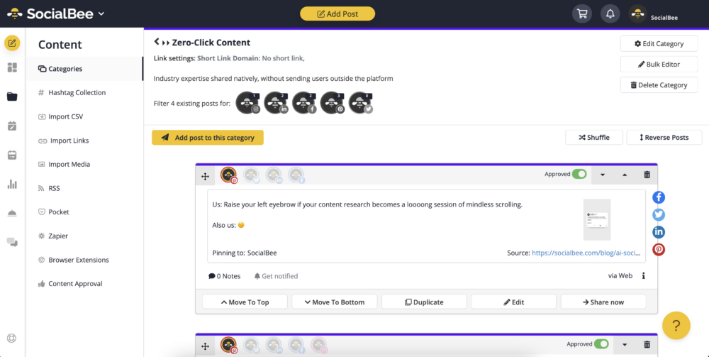 SocialBee Company Profile - Content Category Posts