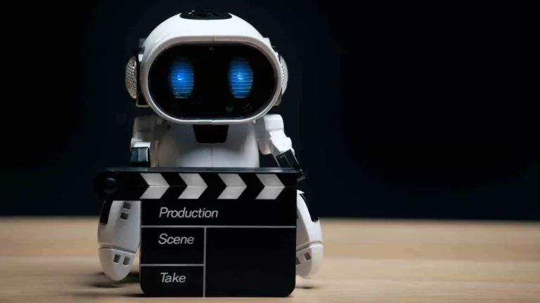 AI in Hollywood shown by robot holding clipperboard