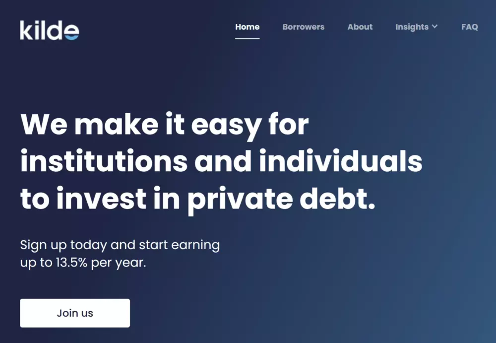 Kilde homepage: We make it easy for institutions and individuals to invest in private debt. Sign up today and start earning up to 13.5% per year.