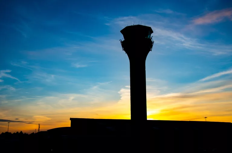 London Luton Aiport's Control Tower in the sunset