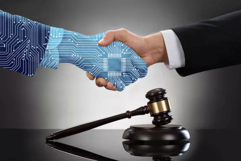 regulating ai shown through Businessman Shaking Hands with AI man In Front Of Mallet