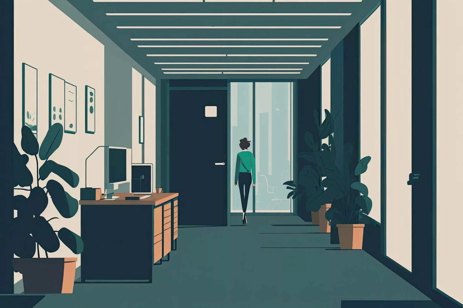 what is quiet quitting shown by woman in distance walking out of office door