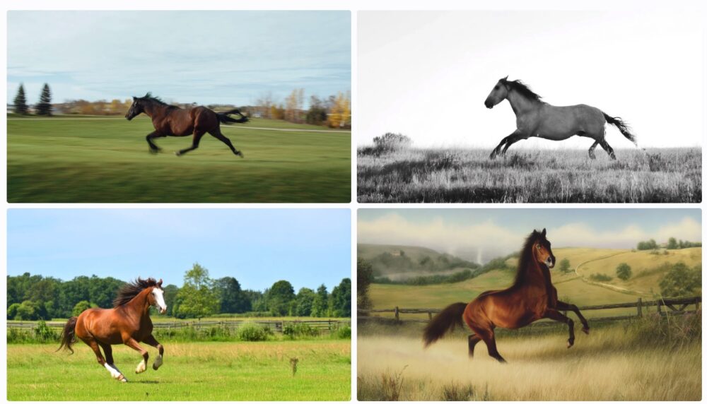Midjourney-generated images of horses galloping across fields