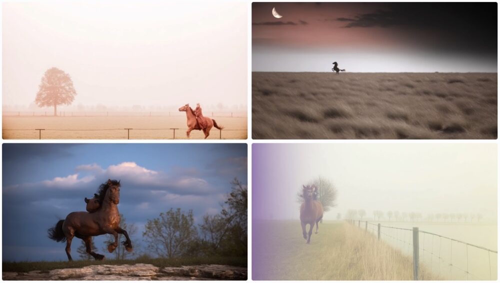 Midjourney-generated images of horses galloping across fields