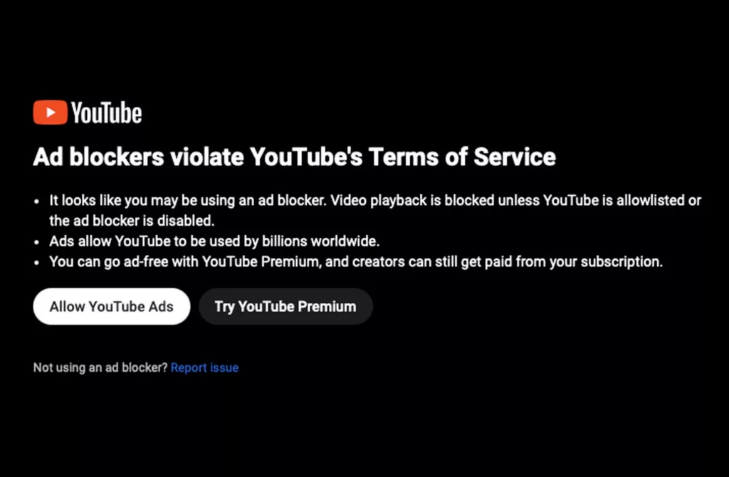 YouTube vs Ad Blockers - Popup Example