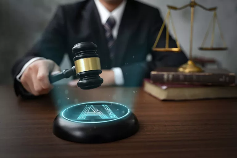 AI ethics and security depicted by judge holding gavel over AI symbol