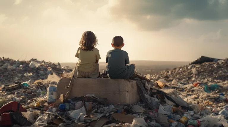 two children sitting in recycling wasteland