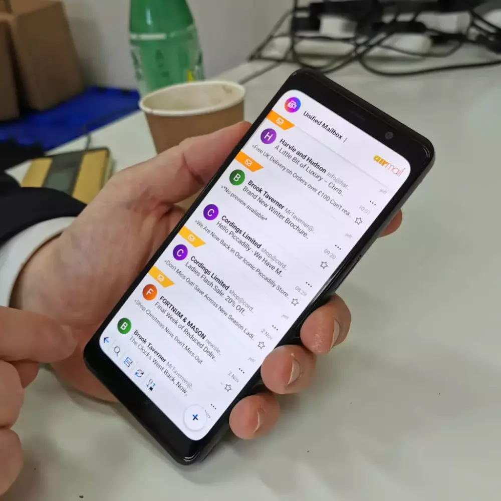 The improved Airmail software in portrait mode. Flip open the keyboard and it switches to landscape.