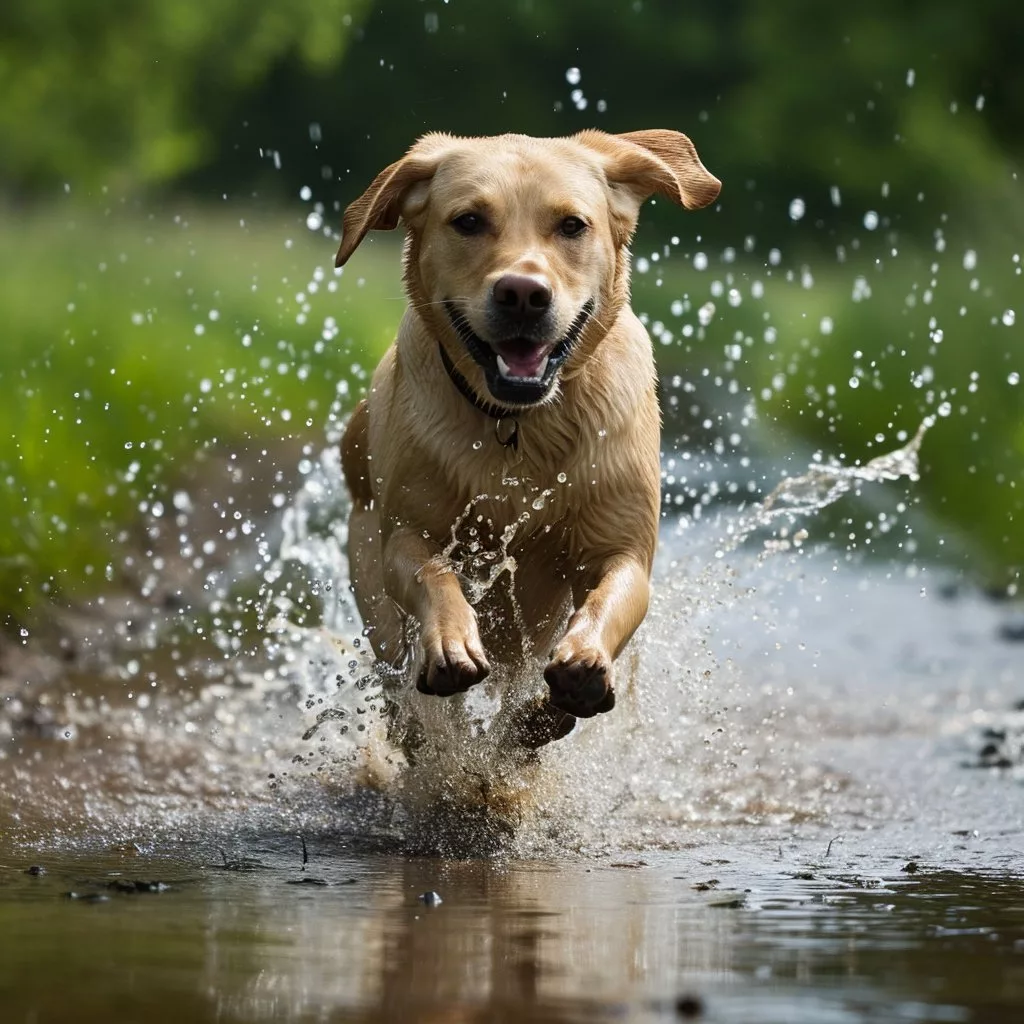 Midjourney image of a labrador running through water