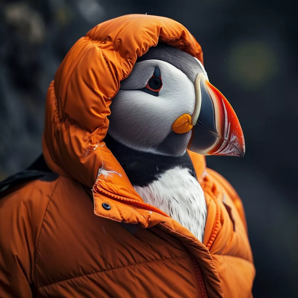 Midjourney image of a puffin wearing a puffa jacket