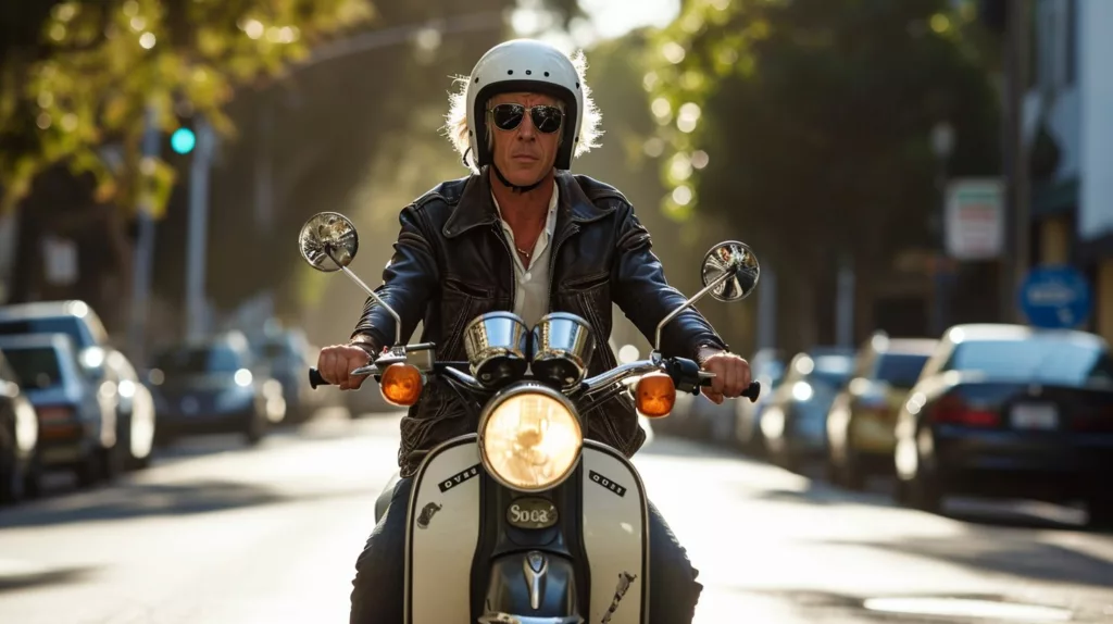 Midjourney image of a man on a moped