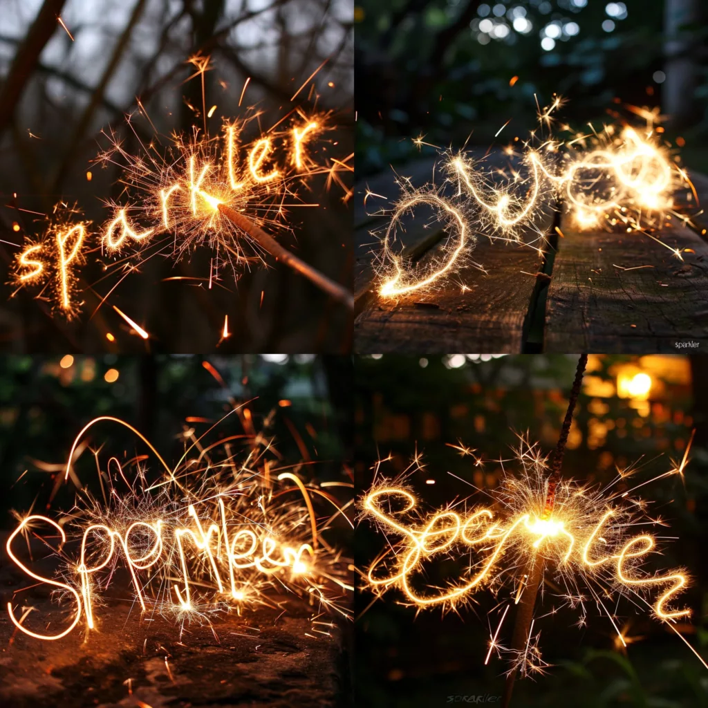 Midjourney images of sparkler light trails writing the word sparkler