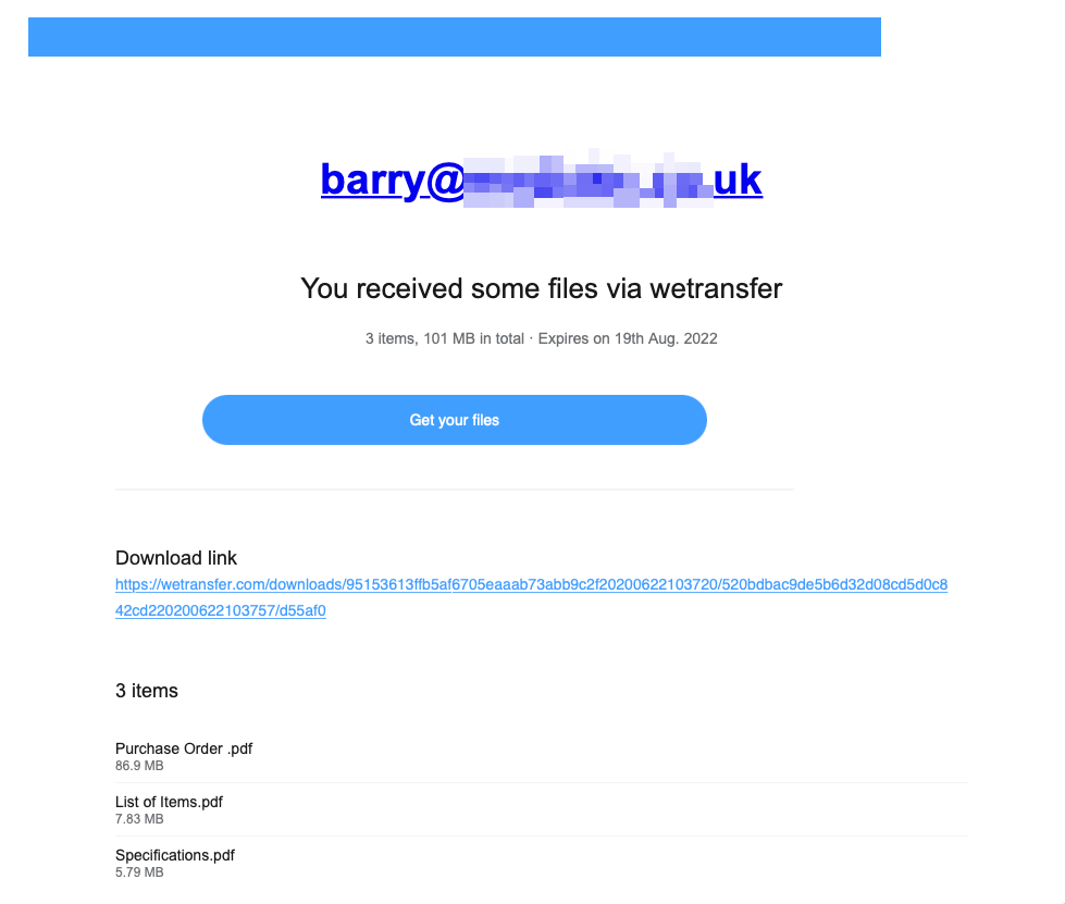 Fake WeTransfer email
