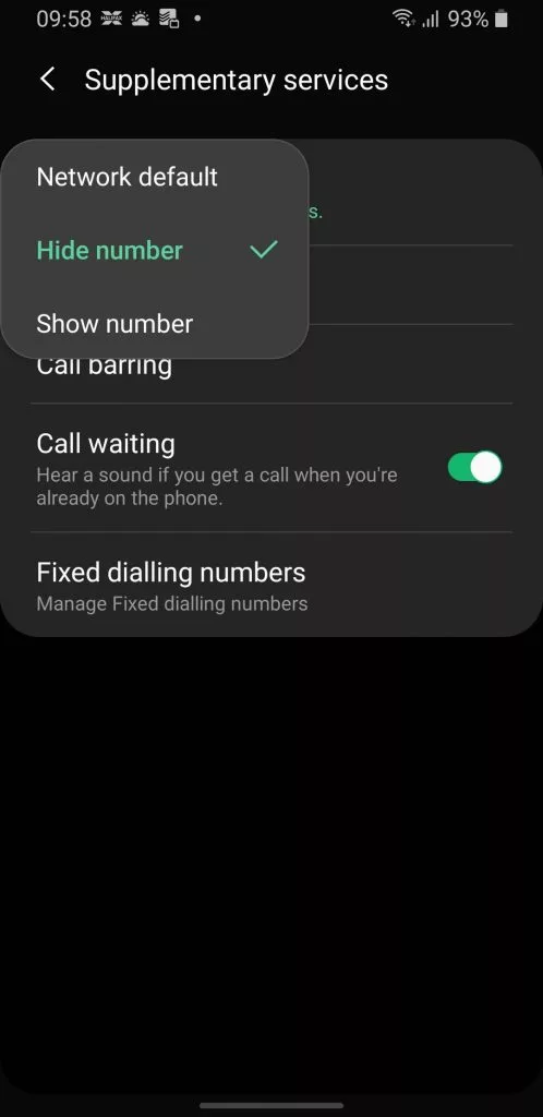Samsung Private Call Settings: Show caller ID and then select Hide number