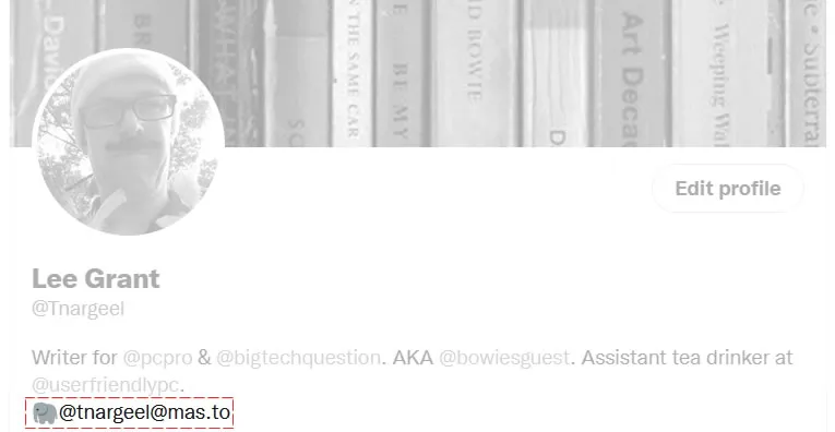 Screenshot of twitter profile showing mastodon address