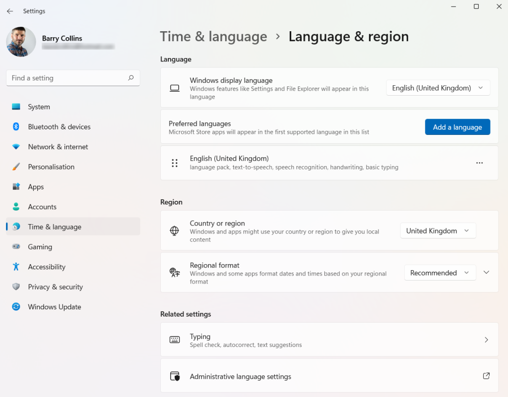 Windows 11 language settings
