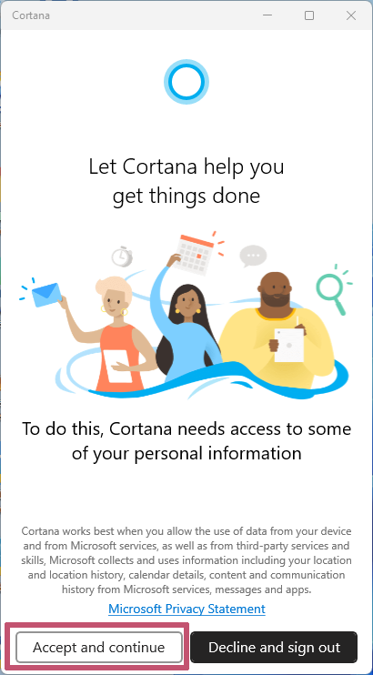 accept cortana terms and conditions