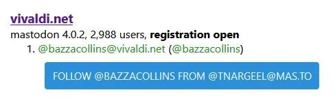 screenshot showing fedifinder search results for @bazzacollins twitter account