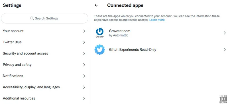 screenshot showing twitter connected apps options
