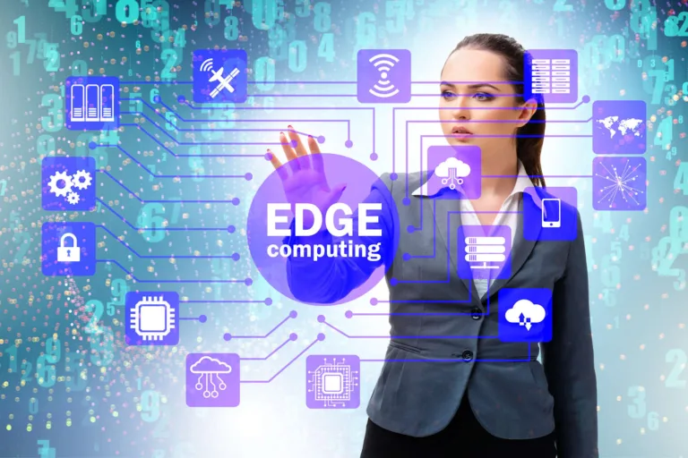 What is edge computing shown through woman touching virtual interface