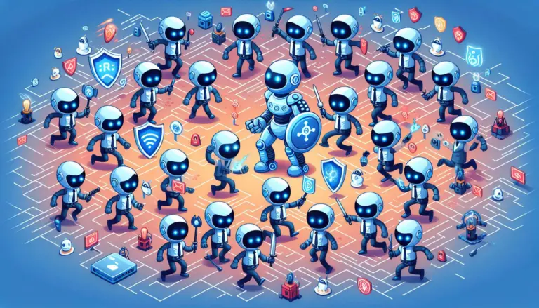 AI Cyber Defense Initiative represented by dozens of good bots fighting cyberattackers