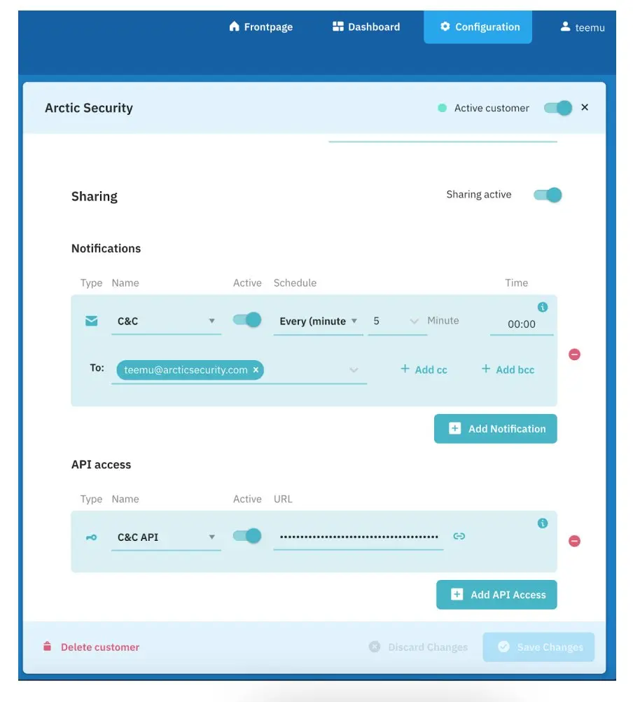 Arctic Security's
"Hub" can share specific threat intelligence
packages automatically