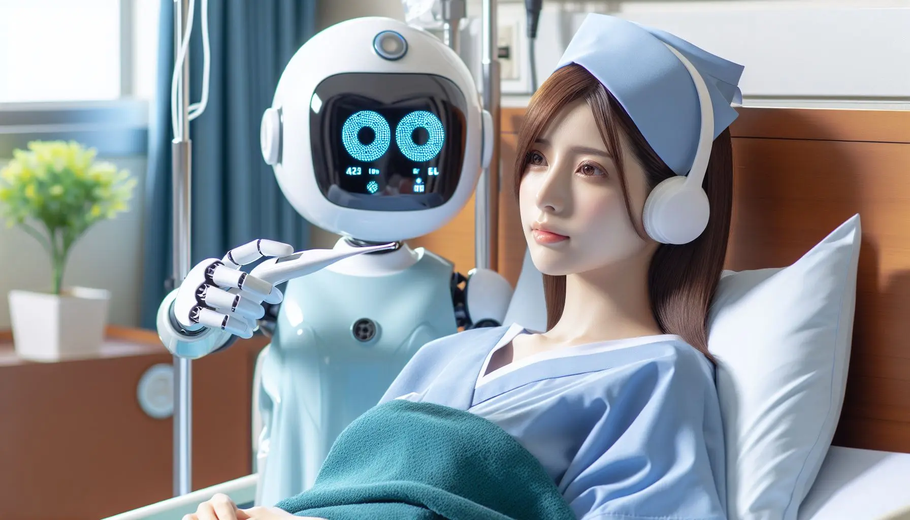 Hospital AI - robot nurse taking the temperature of patient