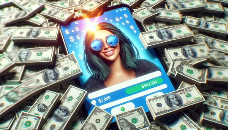 Brand virtual influencers earning money shown by character on phone surrounded by cash