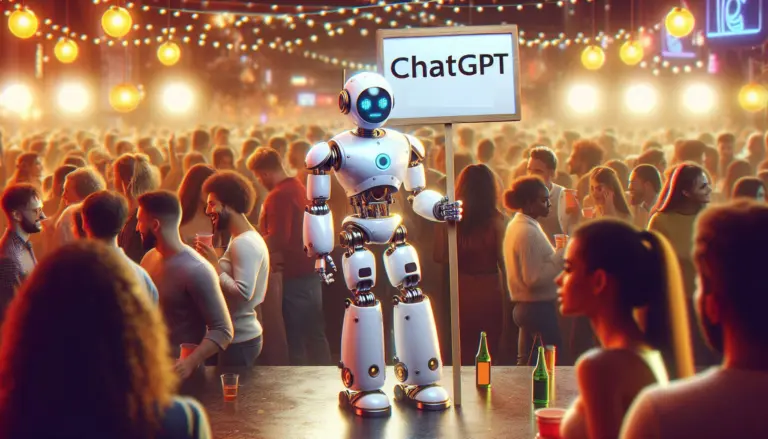 chatgpt popularity dropping shown by robot holding chatgpt sign alone at party