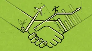 Dell Sustainability goals represented by hands shaking against green background