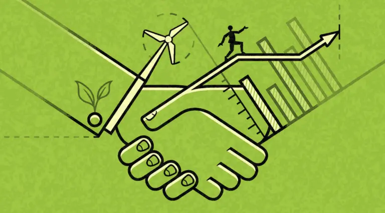 Dell Sustainability goals represented by hands shaking against green background
