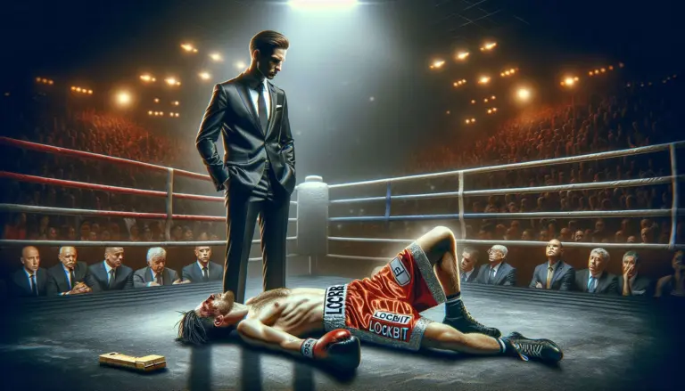 LockBit down but not out represented by knocked-out boxer wearing Lockbit-branded shorts