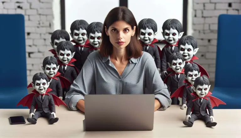 Vampire tasks represented by woman sitting at her desk surrounded by mini vampires