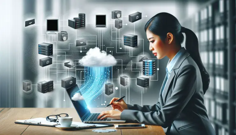 what is storage backup pictured as woman with laptop files streaming into cloud and multiple computers