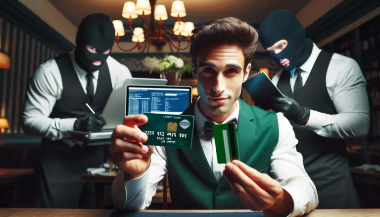 american express card hack shown by waiter holding card whilst details being stolen by hackers