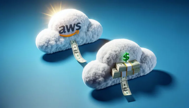 aws data transfer fees represented by clouds dispensing money