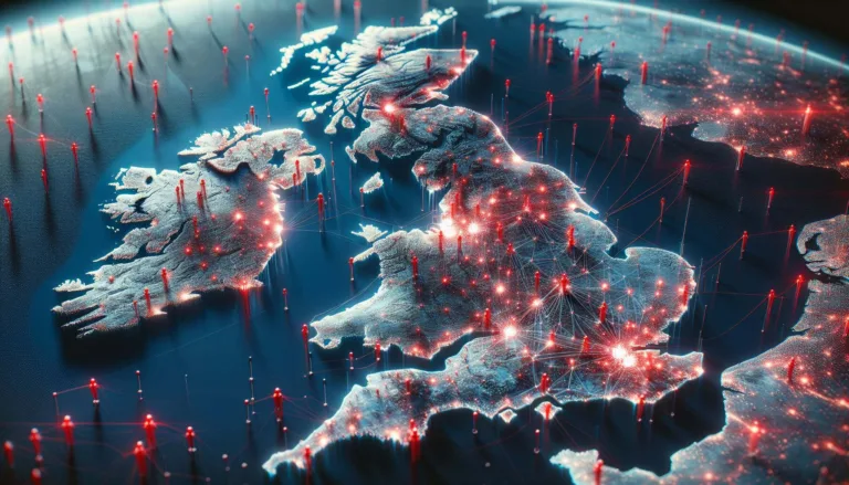 uk cybersecurity shown by map with lots of red dots to show attacks