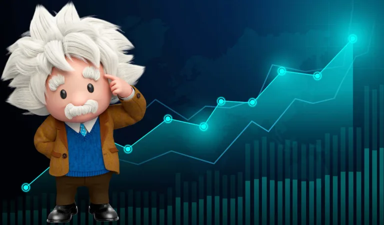 Salesforce Einstein Copilot boosting business shown by graph going upwards in background and Einstein in foreground