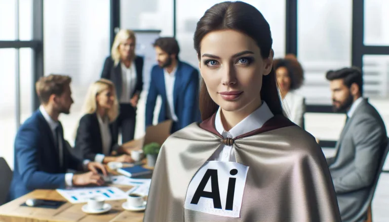 linkedin woman ai - illo to show with businesswoman in the foreground wearing AI cape